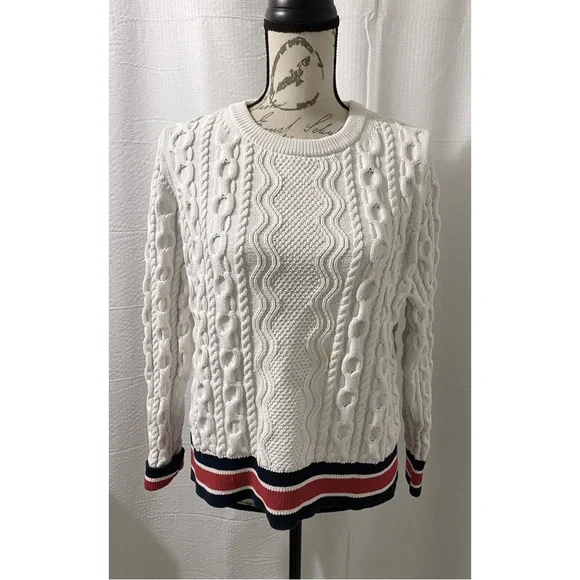Banana Republic White Sweater with Red, White, and Blue Striped Trim - Picture 1 of 4